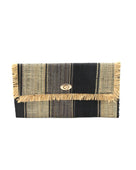 Sophie Black Swirl Multicolor Stripes Straw Clutch handmade loomed raffia purse handbag  in muti-width vertical bands of grey, natural straw color, and black with matching cross stitch edging and natural straw color raw fringe edge envelope shaped bag - Shebobo