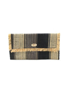 Sophie Black Swirl Multicolor Stripes Straw Clutch handmade loomed raffia purse handbag  in muti-width vertical bands of grey, natural straw color, and black with matching cross stitch edging and natural straw color raw fringe edge envelope shaped bag - Shebobo