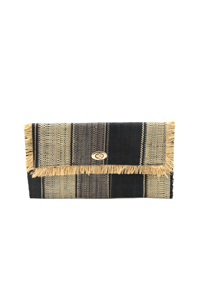 Sophie Black Swirl Multicolor Stripes Straw Clutch handmade loomed raffia purse handbag  in muti-width vertical bands of grey, natural straw color, and black with matching cross stitch edging and natural straw color raw fringe edge envelope shaped bag - Shebobo