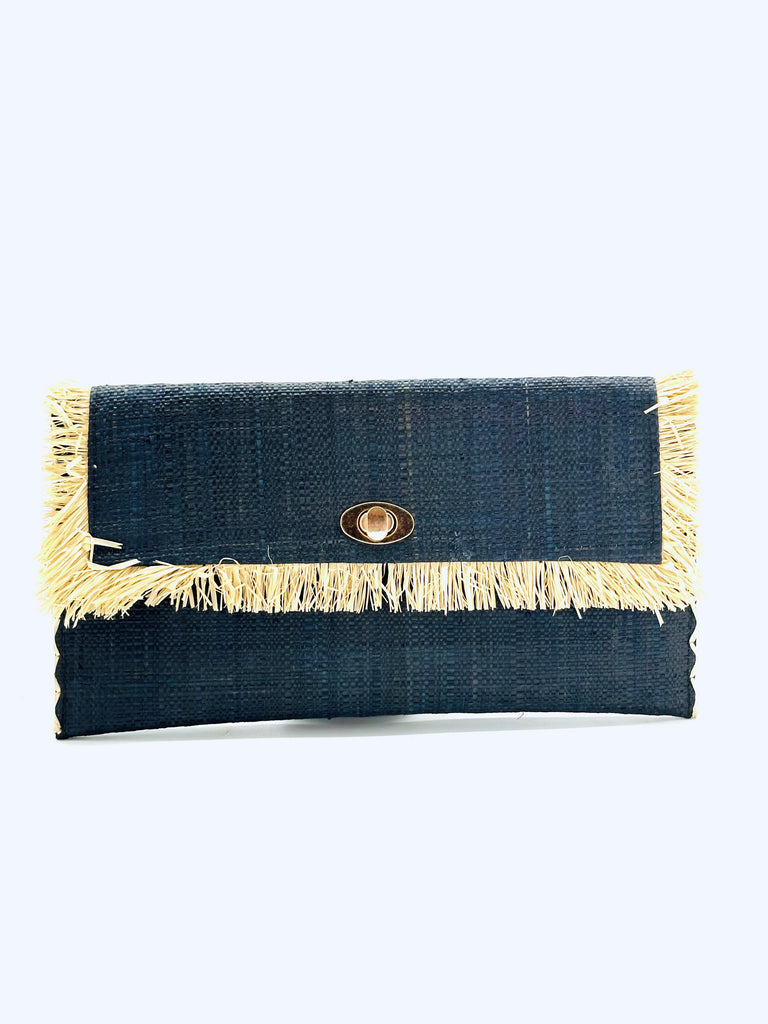 Sophie Black Straw Clutch with Raw Fringe Edge handmade loomed black raffia purse with contrasting natural straw color fringe trim edge and matching cross stitch binding handbag - Shebobo