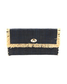 Sophie Black Straw Clutch with Raw Fringe Edge handmade loomed black raffia purse with contrasting natural straw color fringe trim edge and matching cross stitch binding handbag - Shebobo