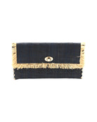 Sophie Black Straw Clutch with Raw Fringe Edge handmade loomed black raffia purse with contrasting natural straw color fringe trim edge and matching cross stitch binding handbag - Shebobo