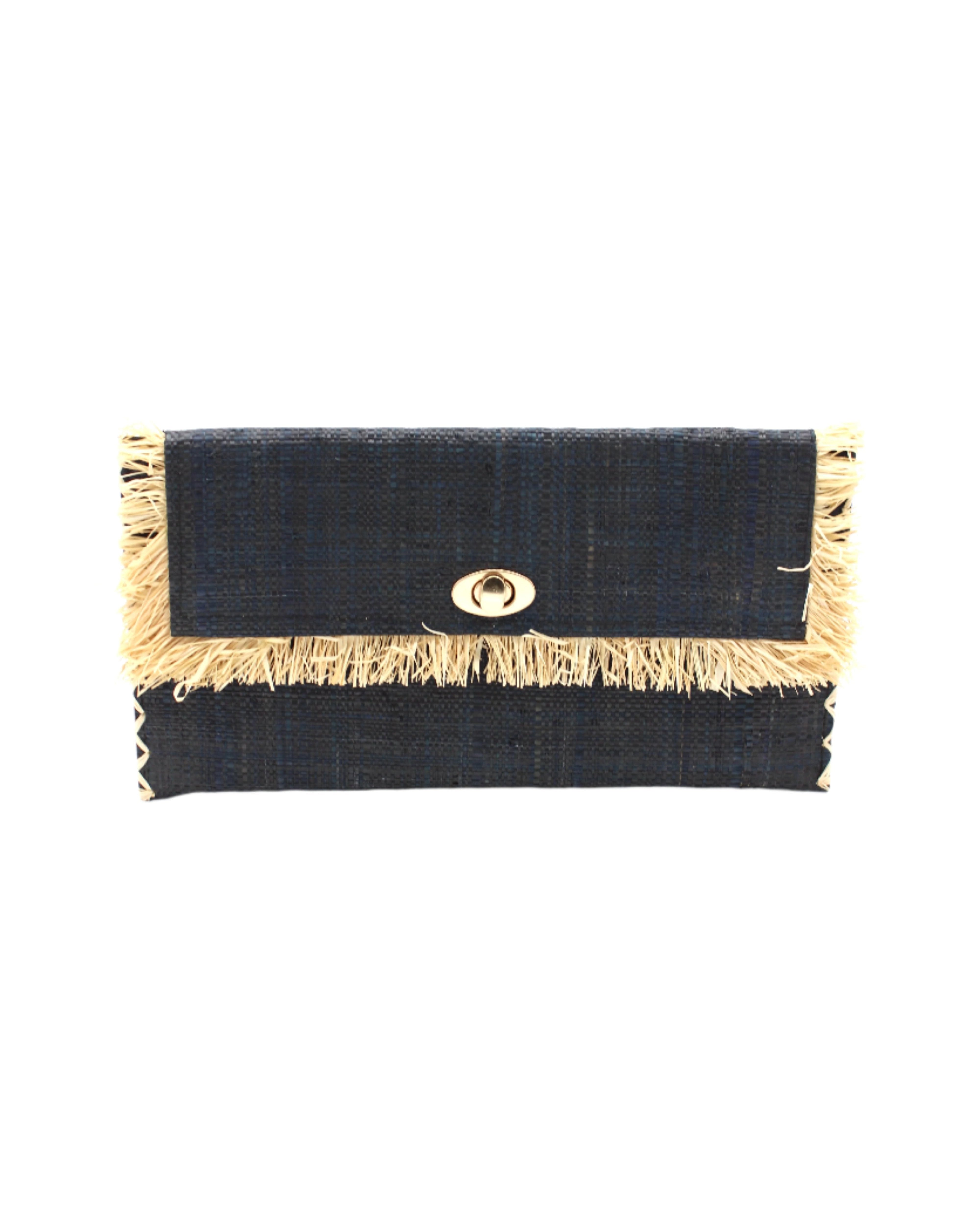 Sophie Black Straw Clutch with Raw Fringe Edge handmade loomed black raffia purse with contrasting natural straw color fringe trim edge and matching cross stitch binding handbag - Shebobo