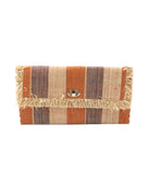 Sophie Blush Swirl Multicolor Stripes Straw Clutch handmade loomed raffia purse handbag  in muti-width vertical bands of grey, blush orange/pink, and natural straw color with matching cross stitch edging and natural straw color raw fringe edge envelope shaped bag - Shebobo