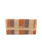 Sophie Blush Swirl Multicolor Stripes Straw Clutch handmade loomed raffia purse handbag  in muti-width vertical bands of grey, blush orange/pink, and natural straw color with matching cross stitch edging and natural straw color raw fringe edge envelope shaped bag - Shebobo