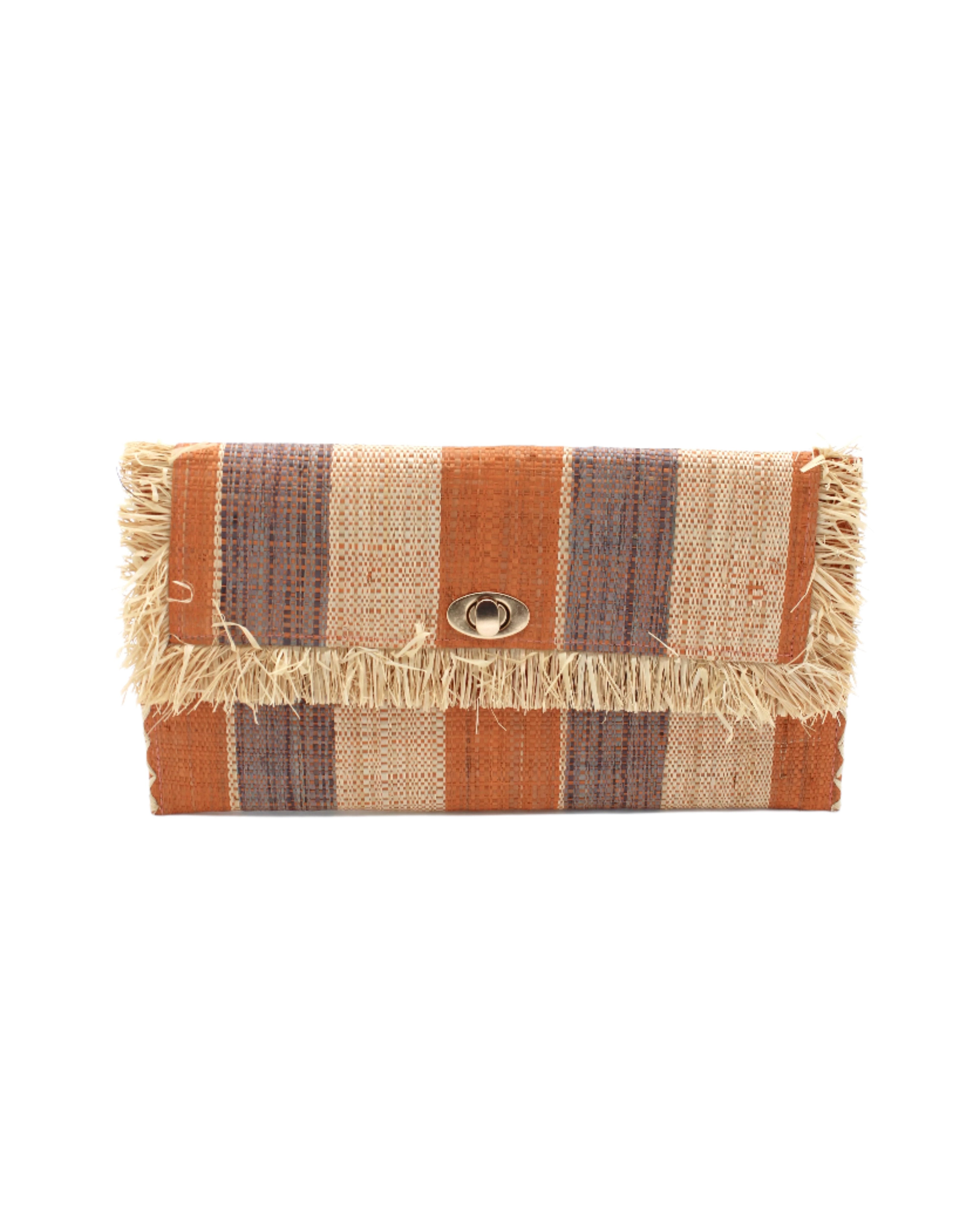 Sophie Blush Swirl Multicolor Stripes Straw Clutch handmade loomed raffia purse handbag  in muti-width vertical bands of grey, blush orange/pink, and natural straw color with matching cross stitch edging and natural straw color raw fringe edge envelope shaped bag - Shebobo