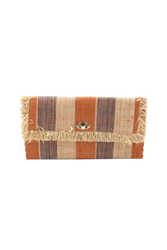 Sophie Blush Swirl Multicolor Stripes Straw Clutch handmade loomed raffia purse handbag  in muti-width vertical bands of grey, blush orange/pink, and natural straw color with matching cross stitch edging and natural straw color raw fringe edge envelope shaped bag - Shebobo