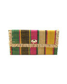 Sophie Carmalita Swirl Multicolor Stripes Straw Clutch handmade loomed raffia purse handbag  in muti-width vertical bands of teal blue/green, fuchsia pink, yellow, black, and natural straw color with matching cross stitch edging and natural straw color raw fringe edge envelope shaped bag - Shebobo