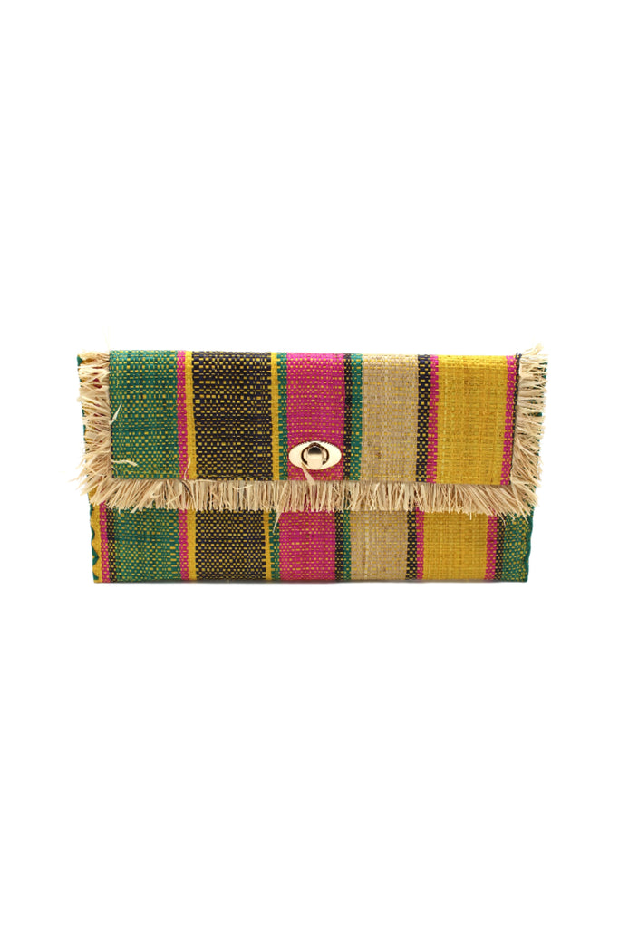 Sophie Carmalita Swirl Multicolor Stripes Straw Clutch handmade loomed raffia purse handbag  in muti-width vertical bands of teal blue/green, fuchsia pink, yellow, black, and natural straw color with matching cross stitch edging and natural straw color raw fringe edge envelope shaped bag - Shebobo