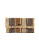 Sophie Cinnamon Swirl Multicolor Stripes Straw Clutch handmade loomed raffia purse handbag  in muti-width vertical bands of grey, natural straw color, and cinnamon/tobacco/dark/brown with matching cross stitch edging and natural straw color raw fringe edge envelope shaped bag - Shebobo