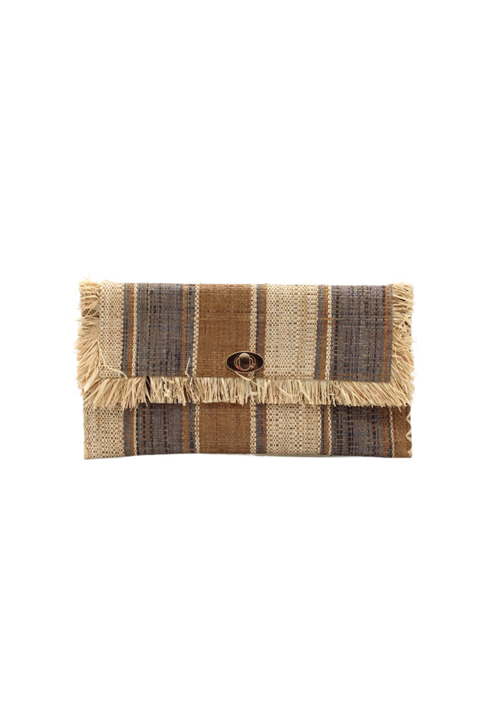 Sophie Cinnamon Swirl Multicolor Stripes Straw Clutch handmade loomed raffia purse handbag  in muti-width vertical bands of grey, natural straw color, and cinnamon/tobacco/dark/brown with matching cross stitch edging and natural straw color raw fringe edge envelope shaped bag - Shebobo