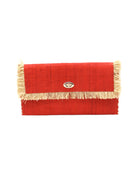 Sophie Coral Straw Clutch with Raw Fringe Edge handmade loomed raffia palm fiber in a solid hue of coral orange/red purse with natural straw color fringe trim edge and matching cross stitch binding handbag - Shebobo