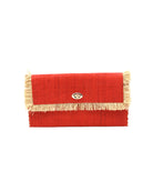 Sophie Coral Straw Clutch with Raw Fringe Edge handmade loomed raffia palm fiber in a solid hue of coral orange/red purse with natural straw color fringe trim edge and matching cross stitch binding handbag - Shebobo