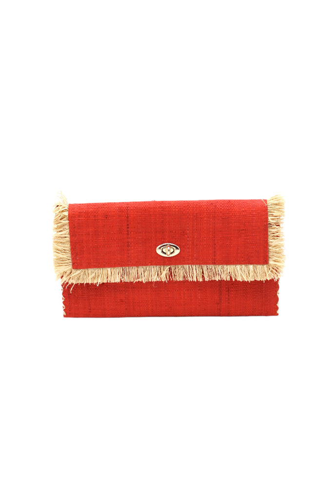 Sophie Coral Straw Clutch with Raw Fringe Edge handmade loomed raffia palm fiber in a solid hue of coral orange/red purse with natural straw color fringe trim edge and matching cross stitch binding handbag - Shebobo