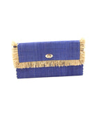 Sophie Denim Straw Clutch with Raw Fringe Edge handmade loomed raffia palm fiber in a solid hue of denim retro/light/blue purse with natural straw color fringe trim edge and matching cross stitch binding handbag - Shebobo