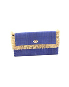 Sophie Denim Straw Clutch with Raw Fringe Edge handmade loomed raffia palm fiber in a solid hue of denim retro/light/blue purse with natural straw color fringe trim edge and matching cross stitch binding handbag - Shebobo