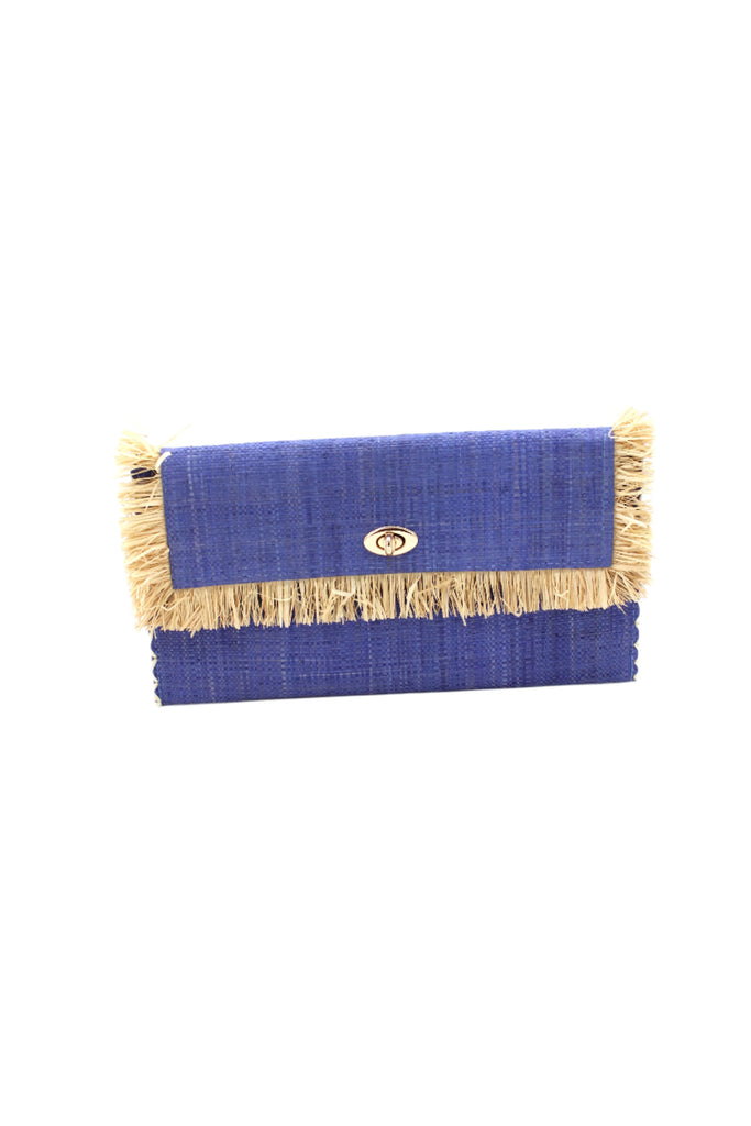 Sophie Denim Straw Clutch with Raw Fringe Edge handmade loomed raffia palm fiber in a solid hue of denim retro/light/blue purse with natural straw color fringe trim edge and matching cross stitch binding handbag - Shebobo