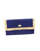 Sophie Dusk Straw Clutch with Raw Fringe Edge handmade loomed raffia palm fiber in a solid hue of dusk navy/dark/blue purse with natural straw color fringe trim edge and matching cross stitch binding handbag - Shebobo