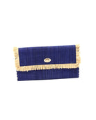 Sophie Dusk Straw Clutch with Raw Fringe Edge handmade loomed raffia palm fiber in a solid hue of dusk navy/dark/blue purse with natural straw color fringe trim edge and matching cross stitch binding handbag - Shebobo
