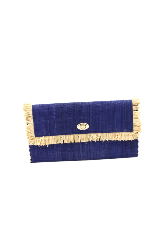 Sophie Dusk Straw Clutch with Raw Fringe Edge handmade loomed raffia palm fiber in a solid hue of dusk navy/dark/blue purse with natural straw color fringe trim edge and matching cross stitch binding handbag - Shebobo