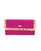 Sophie Fuchsia Straw Clutch with Raw Fringe Edge handmade loomed raffia palm fiber in a solid hue of fuchsia hot/bright/barbie/pink purse with natural straw color fringe trim edge and matching cross stitch binding handbag - Shebobo