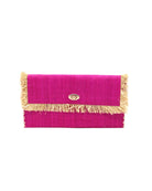 Sophie Fuchsia Straw Clutch with Raw Fringe Edge handmade loomed raffia palm fiber in a solid hue of fuchsia hot/bright/barbie/pink purse with natural straw color fringe trim edge and matching cross stitch binding handbag - Shebobo