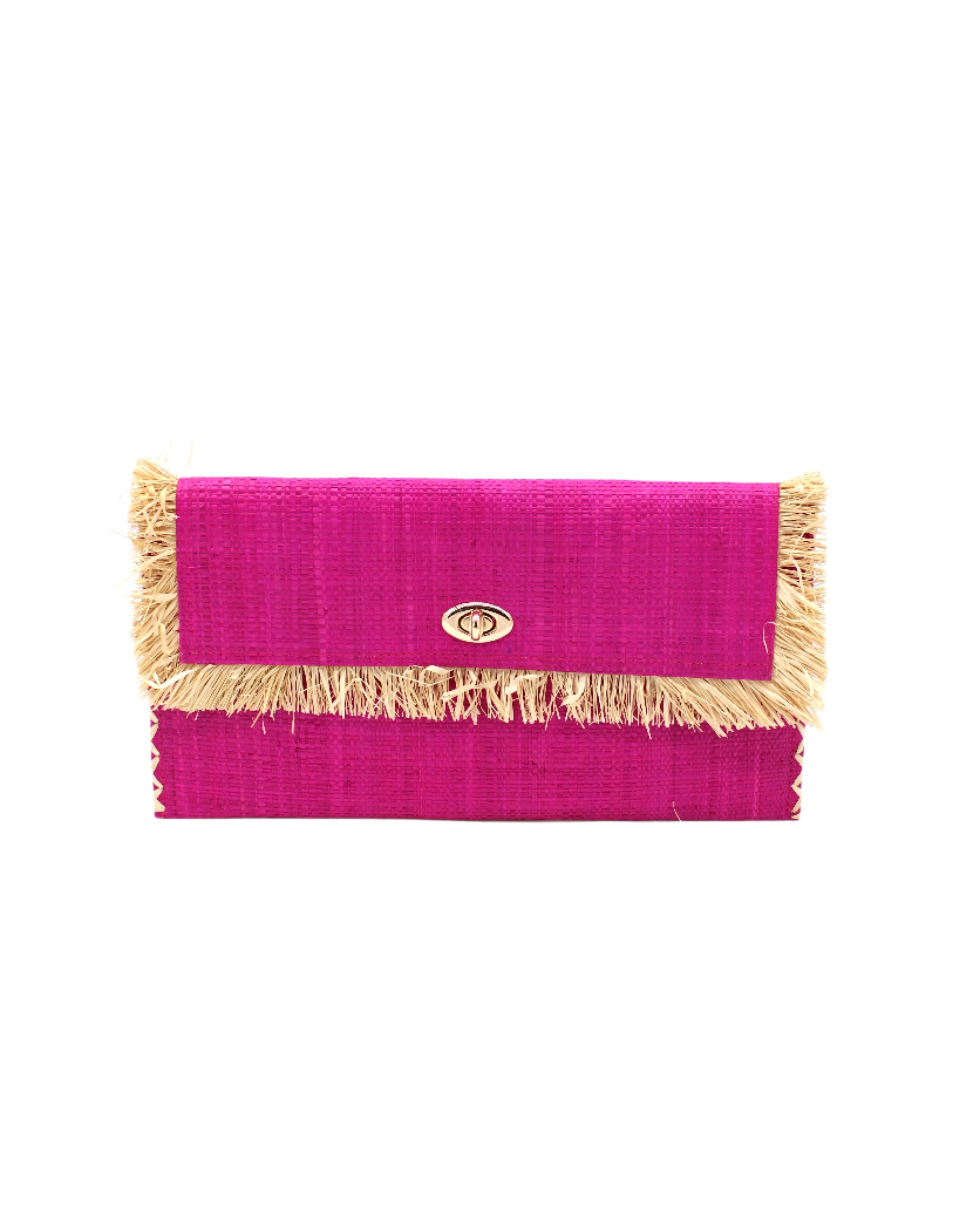 Sophie Fuchsia Straw Clutch with Raw Fringe Edge handmade loomed raffia palm fiber in a solid hue of fuchsia hot/bright/barbie/pink purse with natural straw color fringe trim edge and matching cross stitch binding handbag - Shebobo