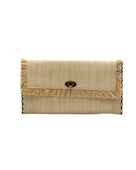 Sophie Natural Straw Clutch with Raw Fringe Edge handmade loomed natural straw color raffia purse with matching fringe trim edge and contrasting black cross stitch binding handbag - Shebobo