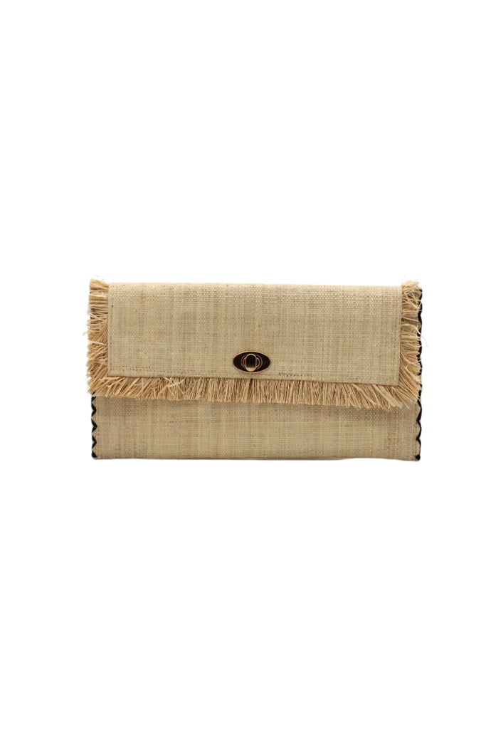 Sophie Natural Straw Clutch with Raw Fringe Edge handmade loomed natural straw color raffia purse with matching fringe trim edge and contrasting black cross stitch binding handbag - Shebobo