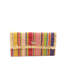 Sophie Raspberry Swirl Multicolor Stripes Straw Clutch handmade loomed raffia purse handbag  in muti-width vertical bands of pink, yellow, purple, blue, orange, cappuccino light brown, and natural straw color with matching cross stitch edging and natural straw color raw fringe edge envelope shaped bag - Shebobo