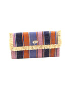 Sophie Retro Stripe Multicolor Stripes Straw Clutch handmade loomed raffia purse handbag  in muti-width vertical bands of denim retro/light/blue, dusk navy/dark/blue, light pink, coral orange/red and natural straw color with matching cross stitch edging and natural straw color raw fringe edge envelope shaped bag - Shebobo