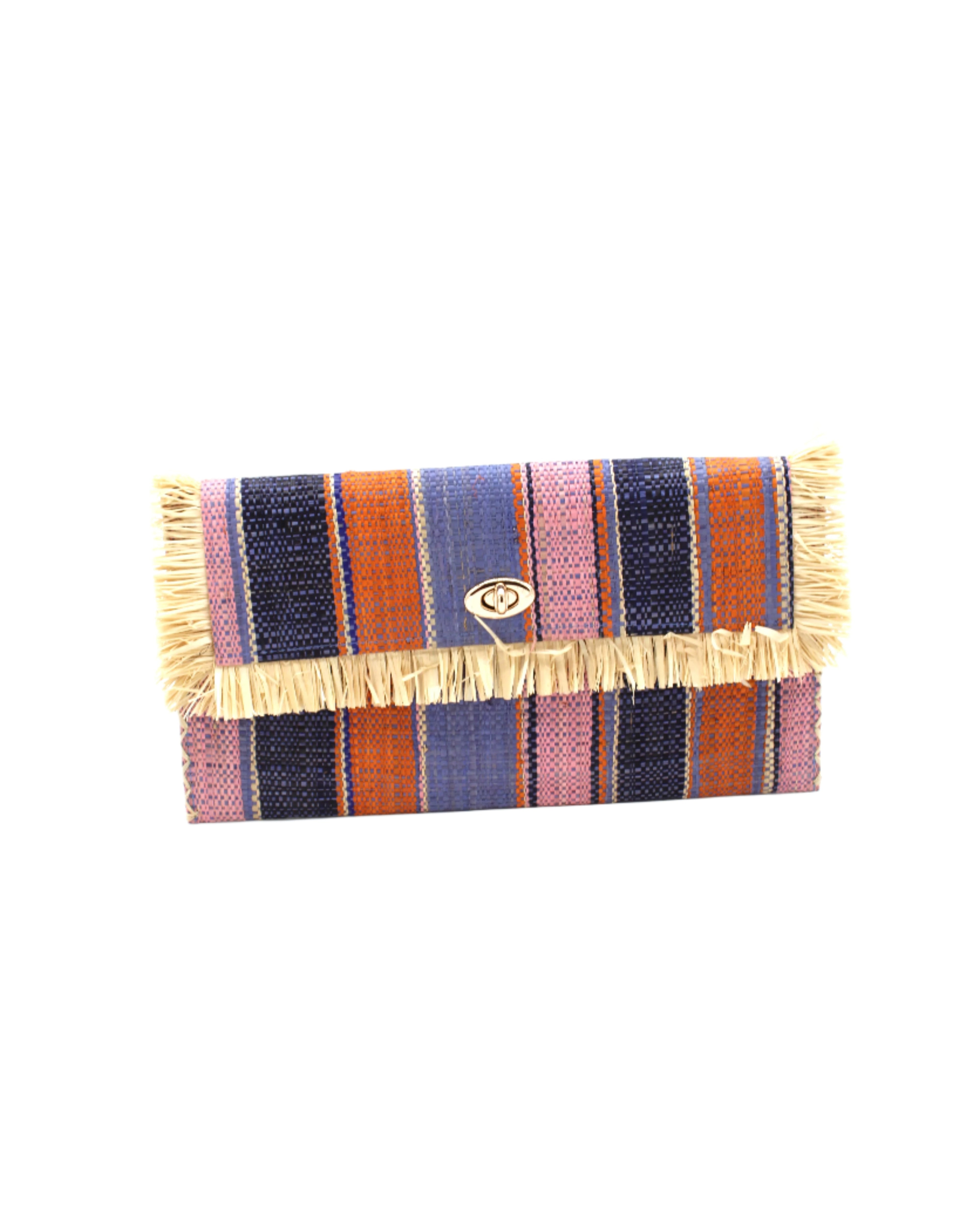 Sophie Retro Stripe Multicolor Stripes Straw Clutch handmade loomed raffia purse handbag  in muti-width vertical bands of denim retro/light/blue, dusk navy/dark/blue, light pink, coral orange/red and natural straw color with matching cross stitch edging and natural straw color raw fringe edge envelope shaped bag - Shebobo