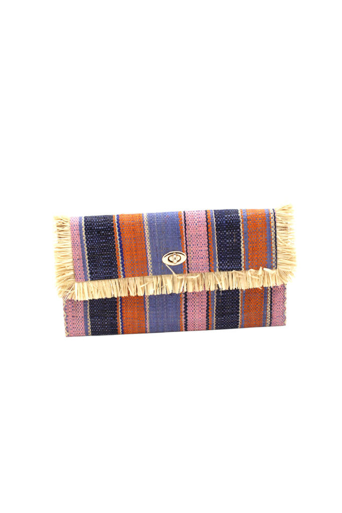 Sophie Retro Stripe Multicolor Stripes Straw Clutch handmade loomed raffia purse handbag  in muti-width vertical bands of denim retro/light/blue, dusk navy/dark/blue, light pink, coral orange/red and natural straw color with matching cross stitch edging and natural straw color raw fringe edge envelope shaped bag - Shebobo