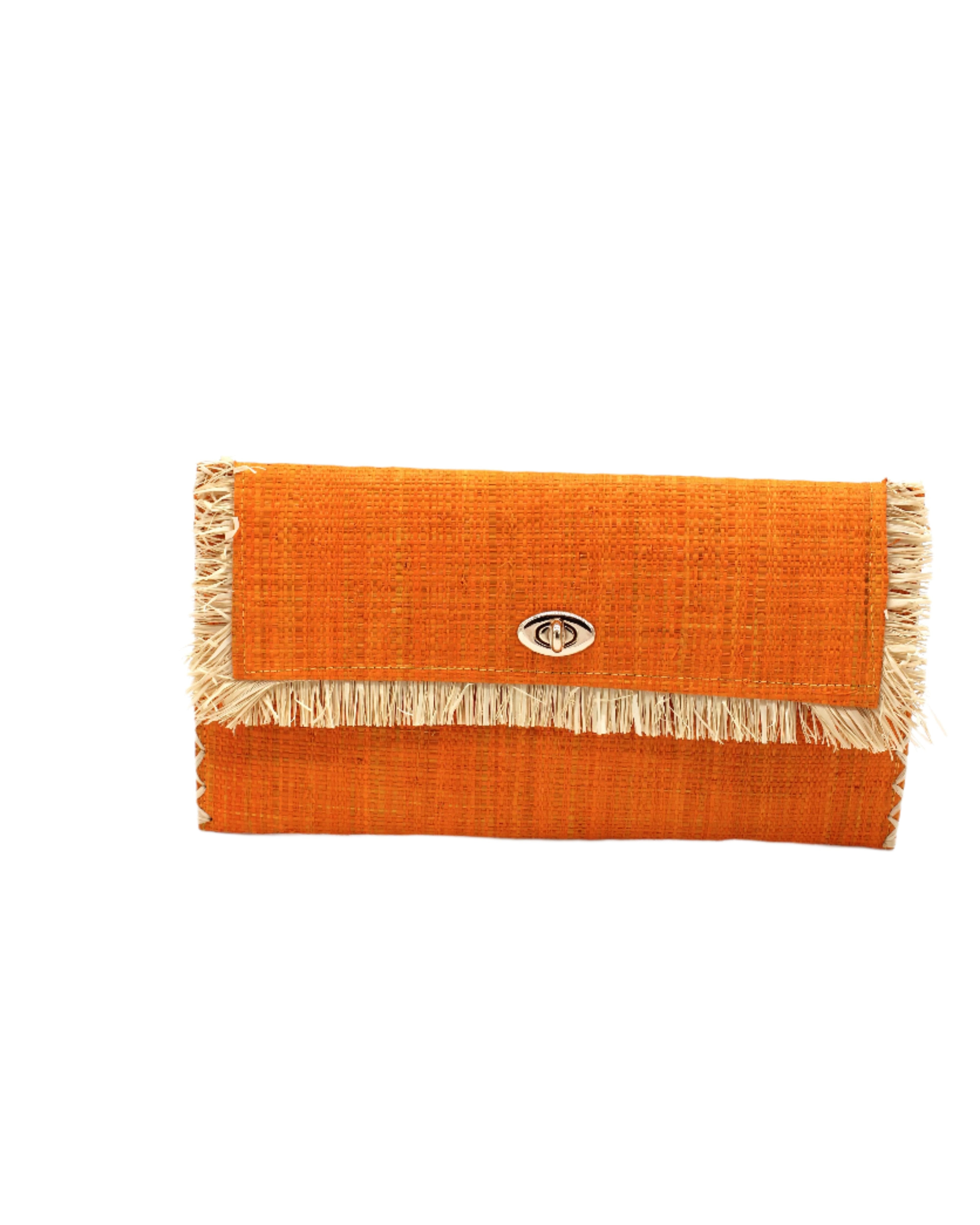 Sophie Saffron Straw Clutch with Raw Fringe Edge handmade loomed raffia palm fiber in a solid hue of saffron yellow/orange purse with natural straw color fringe trim edge and matching cross stitch binding handbag - Shebobo
