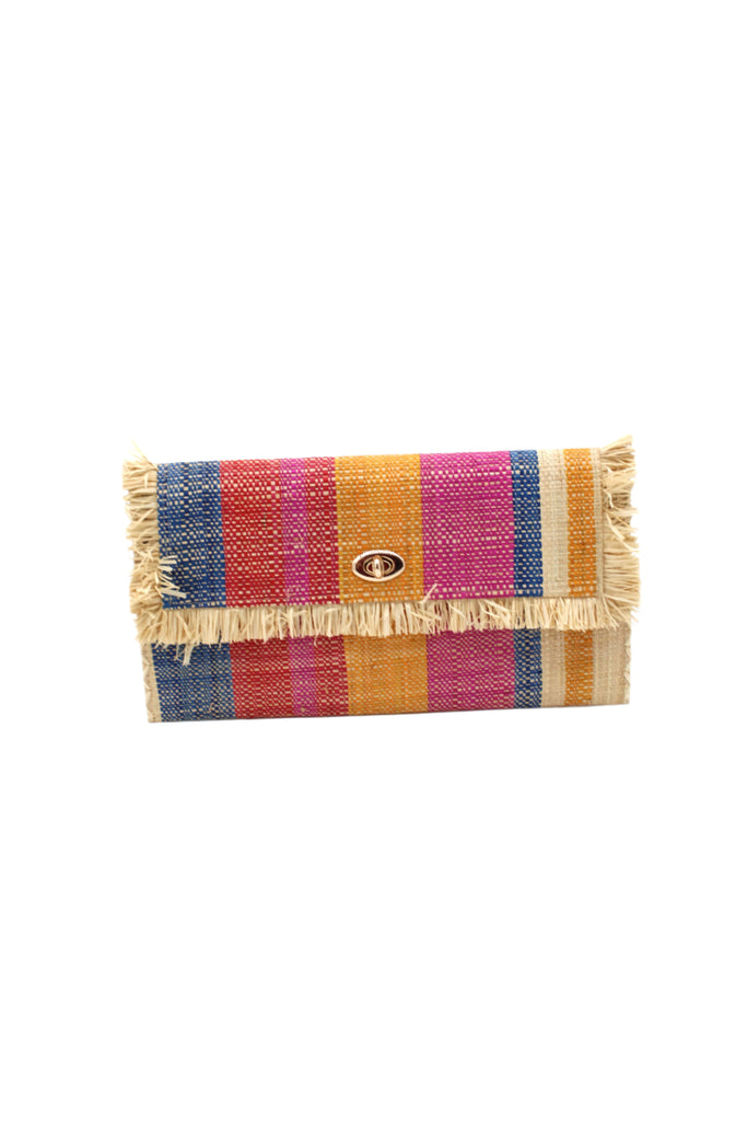 Sophie Sassafras Swirl Multicolor Stripes Straw Clutch handmade loomed raffia purse handbag  in muti-width vertical bands of dark blue, fuchsia pink, red, saffron yellow, and natural straw color with matching cross stitch edging and natural straw color raw fringe edge envelope shaped bag - Shebobo