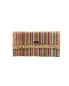 Sophie Taffy Stripe Multicolor Stripes Straw Clutch handmade loomed raffia purse handbag  in muti-width vertical bands of pink, bordeaux dark red, seafoam blue/green, orange, saffron yellow, blue, turquoise, and natural straw color with matching cross stitch edging and natural straw color raw fringe edge envelope shaped bag - Shebobo