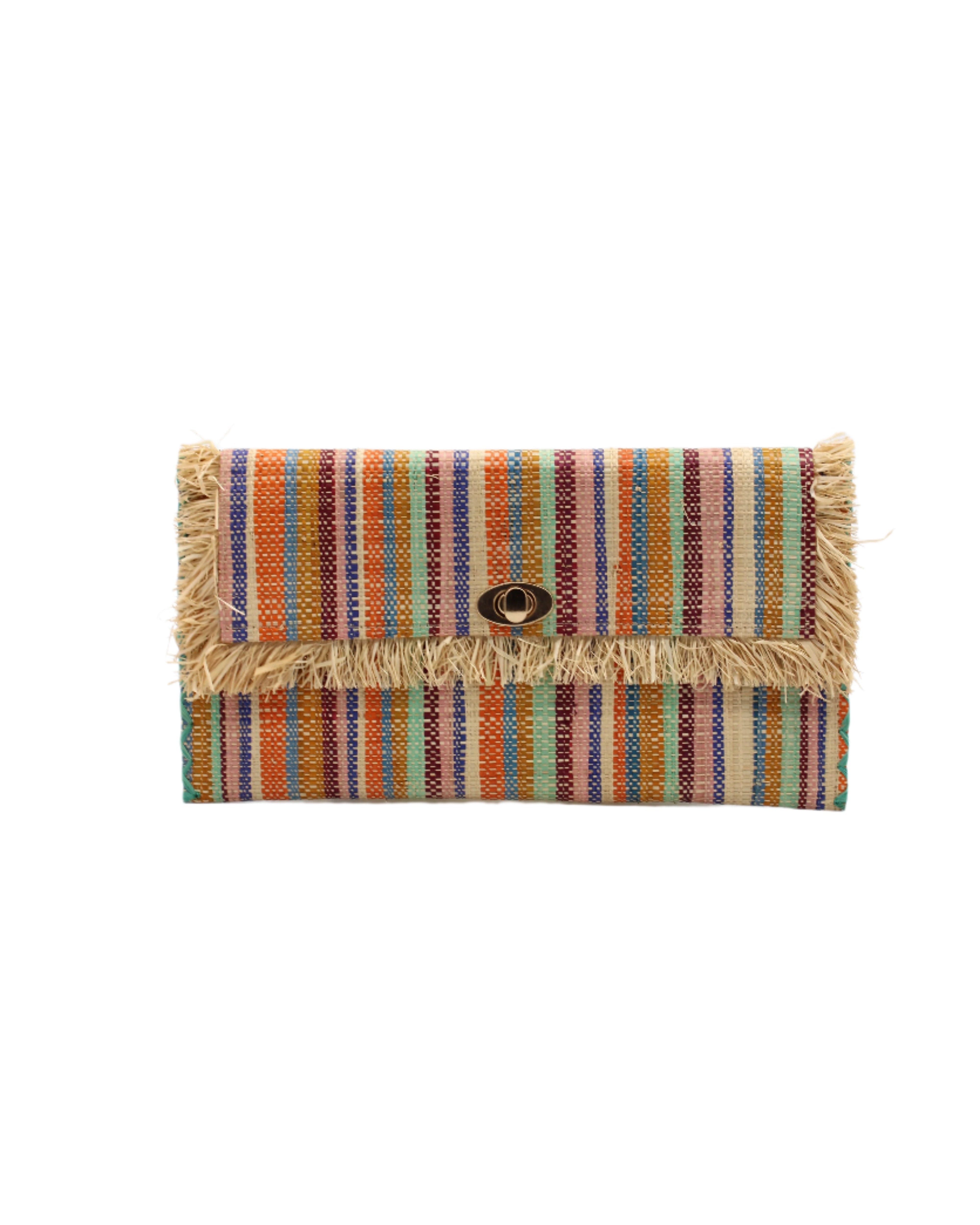 Sophie Taffy Stripe Multicolor Stripes Straw Clutch handmade loomed raffia purse handbag  in muti-width vertical bands of pink, bordeaux dark red, seafoam blue/green, orange, saffron yellow, blue, turquoise, and natural straw color with matching cross stitch edging and natural straw color raw fringe edge envelope shaped bag - Shebobo