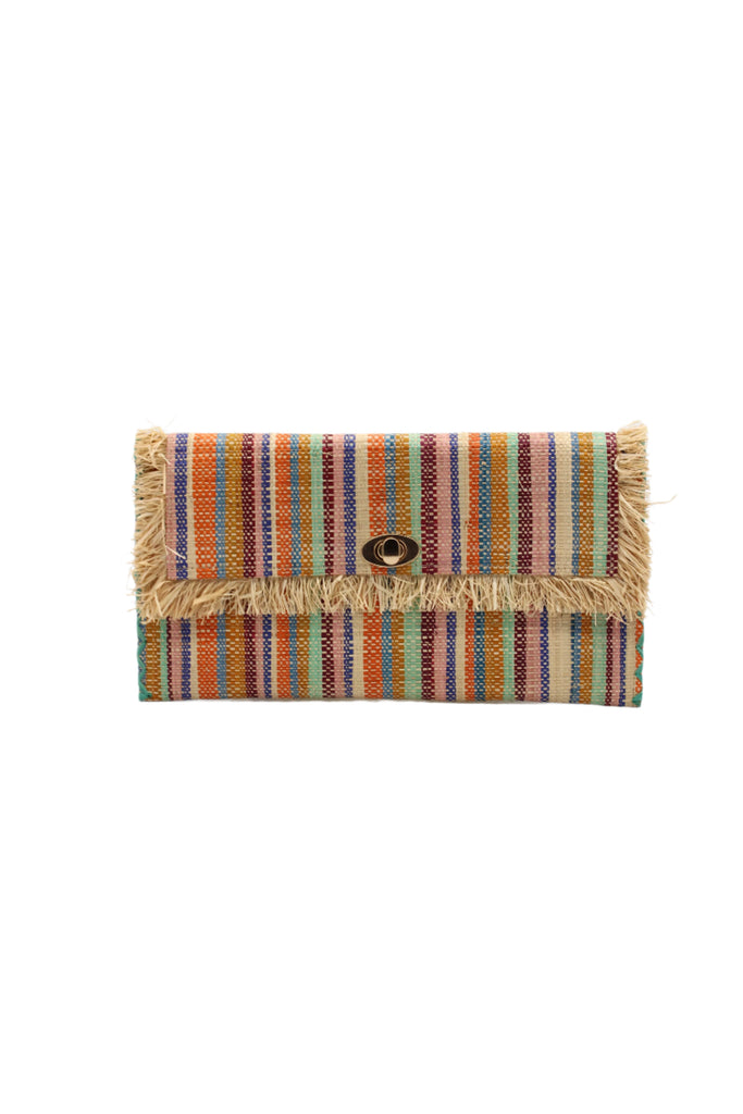 Sophie Taffy Stripe Multicolor Stripes Straw Clutch handmade loomed raffia purse handbag  in muti-width vertical bands of pink, bordeaux dark red, seafoam blue/green, orange, saffron yellow, blue, turquoise, and natural straw color with matching cross stitch edging and natural straw color raw fringe edge envelope shaped bag - Shebobo