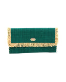 Sophie Teal Straw Clutch with Raw Fringe Edge handmade loomed raffia palm fiber in a solid hue of teal dark/blue/green purse with natural straw color fringe trim edge and matching cross stitch binding handbag - Shebobo