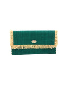 Sophie Teal Straw Clutch with Raw Fringe Edge handmade loomed raffia palm fiber in a solid hue of teal dark/blue/green purse with natural straw color fringe trim edge and matching cross stitch binding handbag - Shebobo