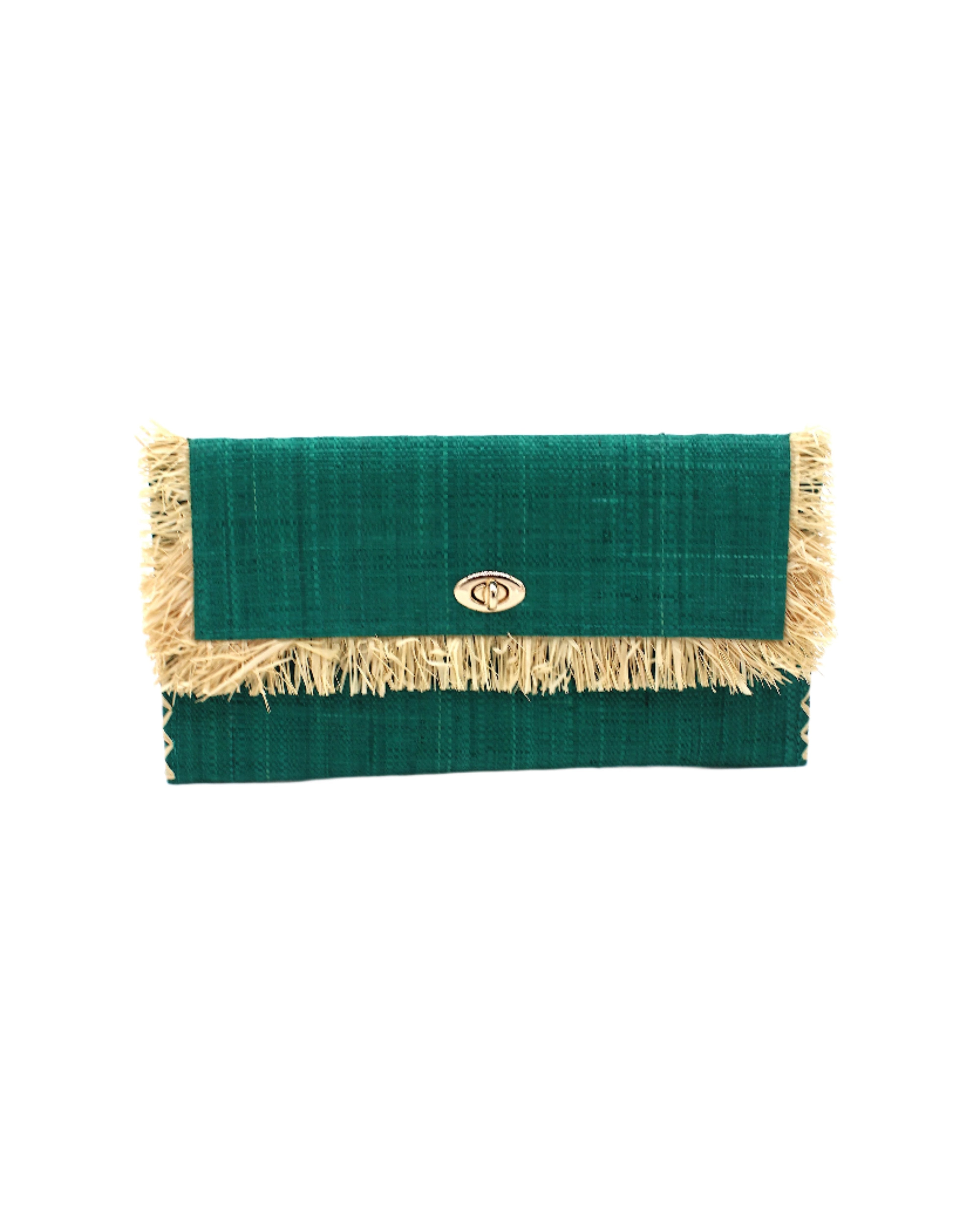 Sophie Teal Straw Clutch with Raw Fringe Edge handmade loomed raffia palm fiber in a solid hue of teal dark/blue/green purse with natural straw color fringe trim edge and matching cross stitch binding handbag - Shebobo