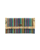 Sophie Turquoise Stripe Multicolor Stripes Straw Clutch handmade loomed raffia purse handbag  in muti-width vertical bands of lime green, yellow, teal blue/green, blue, red, fuchsia pink, black, purple, grey, natural straw color, etc. with matching cross stitch edging and natural straw color raw fringe edge envelope shaped bag - Shebobo