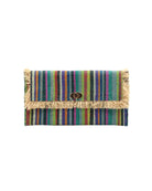 Sophie Turquoise Stripe Multicolor Stripes Straw Clutch handmade loomed raffia purse handbag  in muti-width vertical bands of lime green, yellow, teal blue/green, blue, red, fuchsia pink, black, purple, grey, natural straw color, etc. with matching cross stitch edging and natural straw color raw fringe edge envelope shaped bag - Shebobo