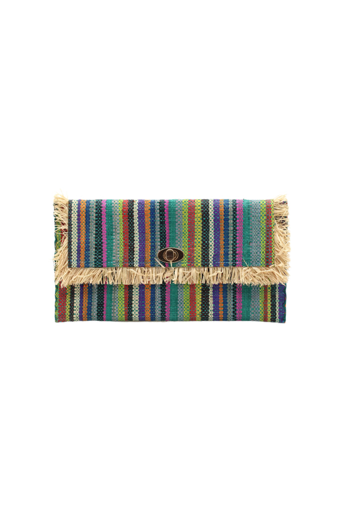 Sophie Turquoise Stripe Multicolor Stripes Straw Clutch handmade loomed raffia purse handbag  in muti-width vertical bands of lime green, yellow, teal blue/green, blue, red, fuchsia pink, black, purple, grey, natural straw color, etc. with matching cross stitch edging and natural straw color raw fringe edge envelope shaped bag - Shebobo