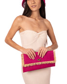 Sophie Fuchsia Straw Clutch with Raw Fringe Edge handmade loomed raffia palm fiber in a solid hue of fuchsia hot/bright/barbie/pink purse with natural straw color fringe trim edge and matching cross stitch binding handbag - Shebobo (with 2.5" Brim Maria Crochet Bucket Straw Hats Fuchsia Pink)