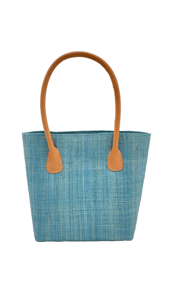 Soubic basket bag small or large handmade loomed raffia palm in Turquoise with leather handles - Shebobo