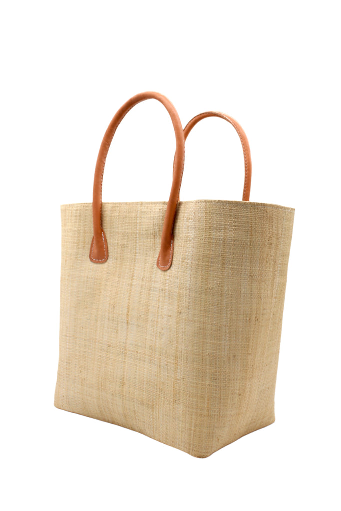 Soubic Straw Basket Bag Natural handmade loomed raffia palm fiber in a solid hue of natural straw color large tote bag with leather handles handbag top handle beach bag - Shebobo