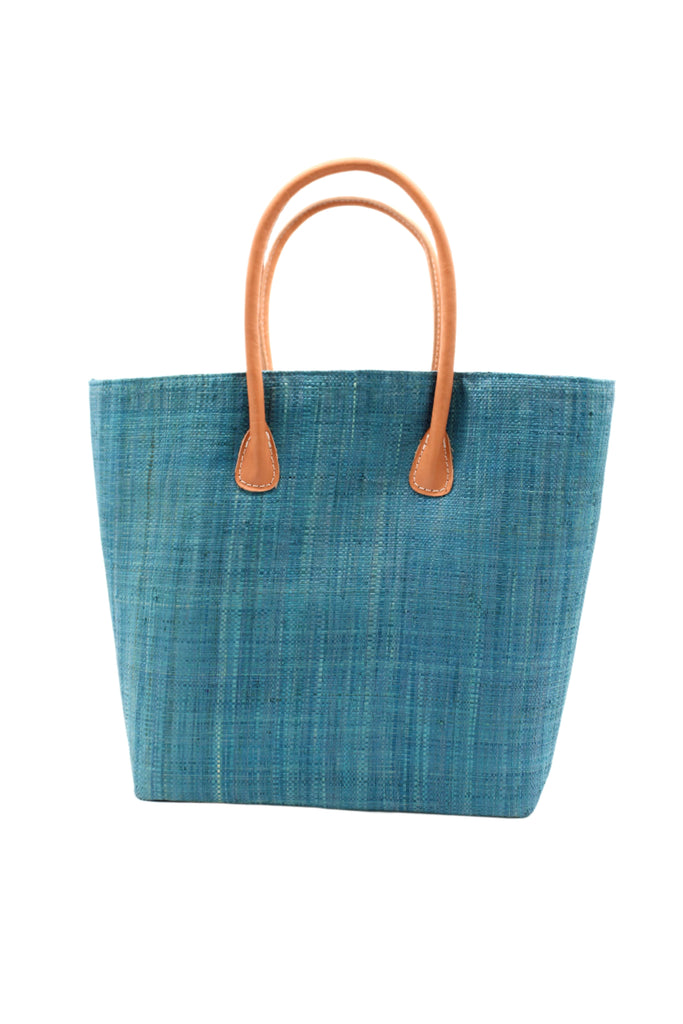 Soubic Straw Basket Bag Turquoise handmade loomed raffia palm fiber in a solid hue of turquoise blue large tote bag with leather handles handbag top handle beach bag - Shebobo