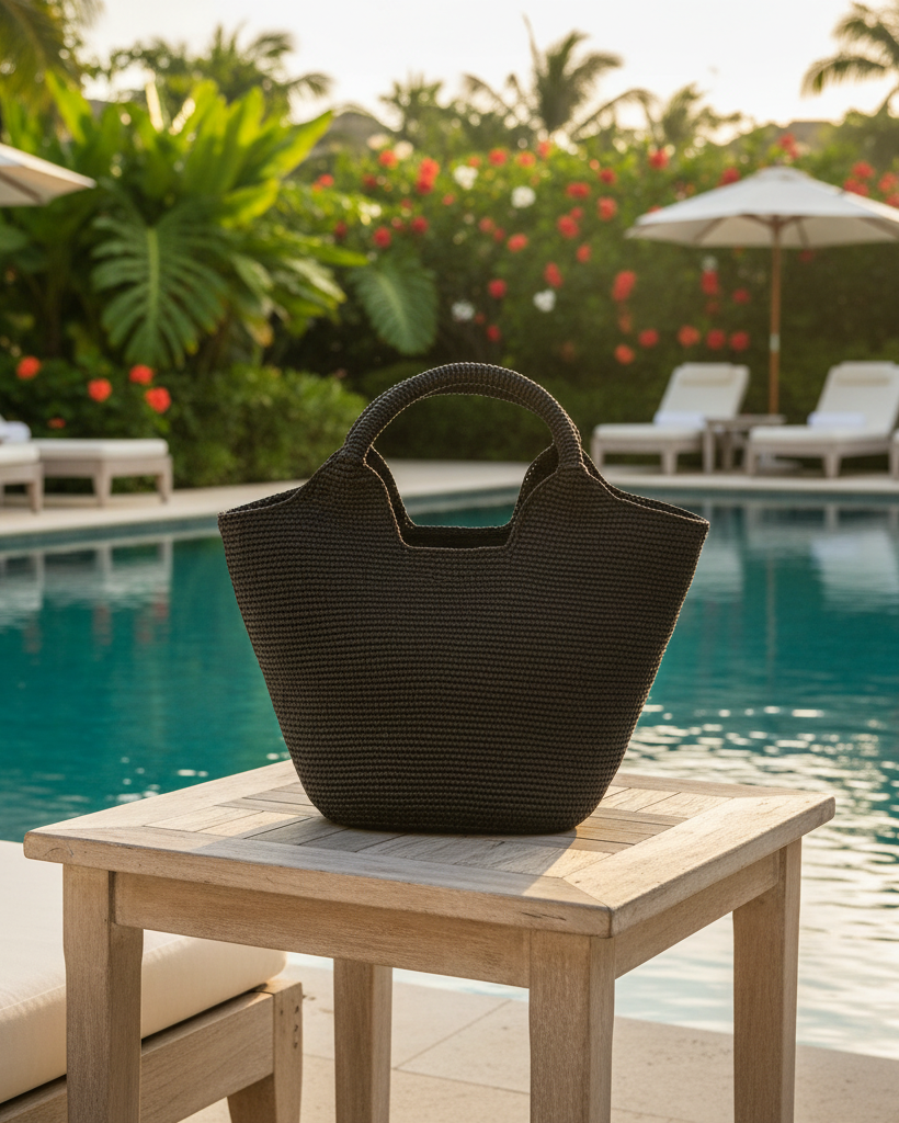 Lifestyle view St. Tropez Heart Shaped Crochet Straw Basket Handbag handmade crochet natural raffia palm fiber in a solid hue of Black with a subtle link texture beach bag shoulder bag - Shebobo