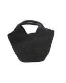 Side view St. Tropez Heart Shaped Crochet Straw Basket Handbag handmade crochet natural raffia palm fiber in a solid hue of Black with a subtle link texture beach bag shoulder bag - Shebobo